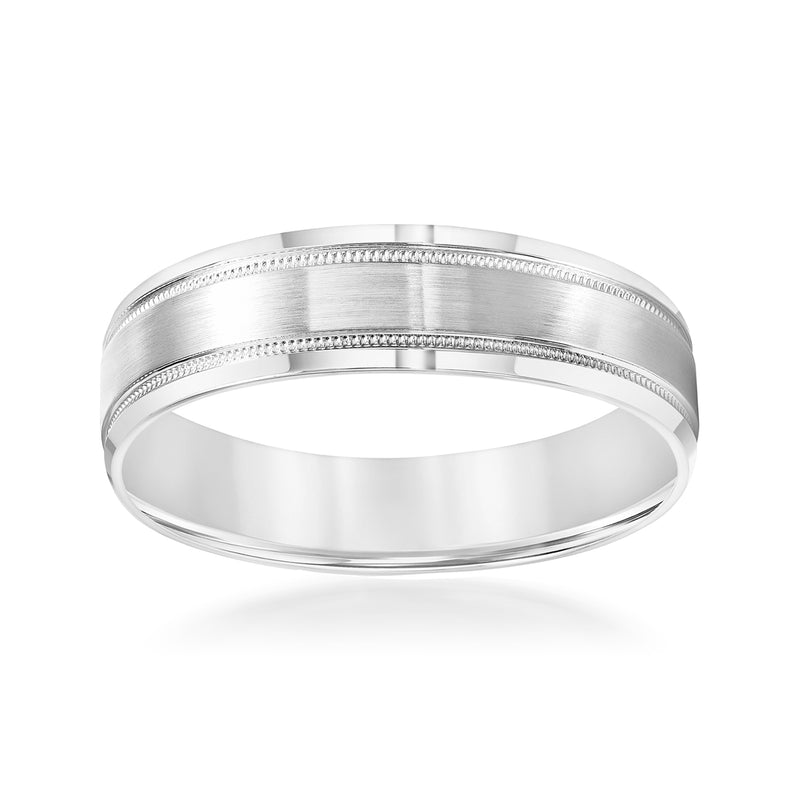 14kt white gold wedding band with brushed finish and two beaded ridges