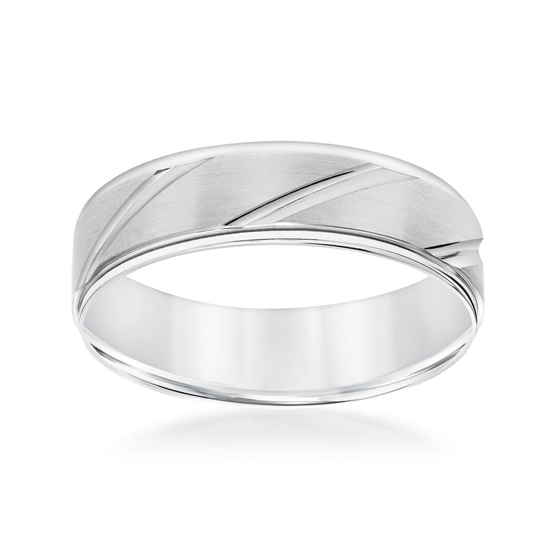 Polished 14kt white gold wedding band with slim beveled edges and satin grooves