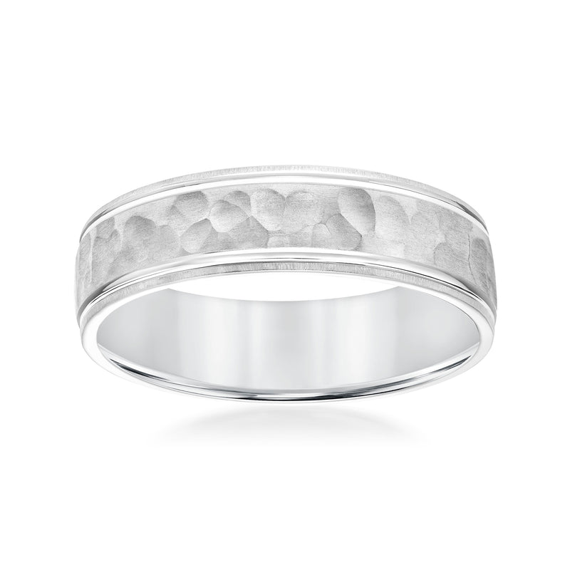 Men's 14kt white gold hammered wedding band with smooth inner rim
