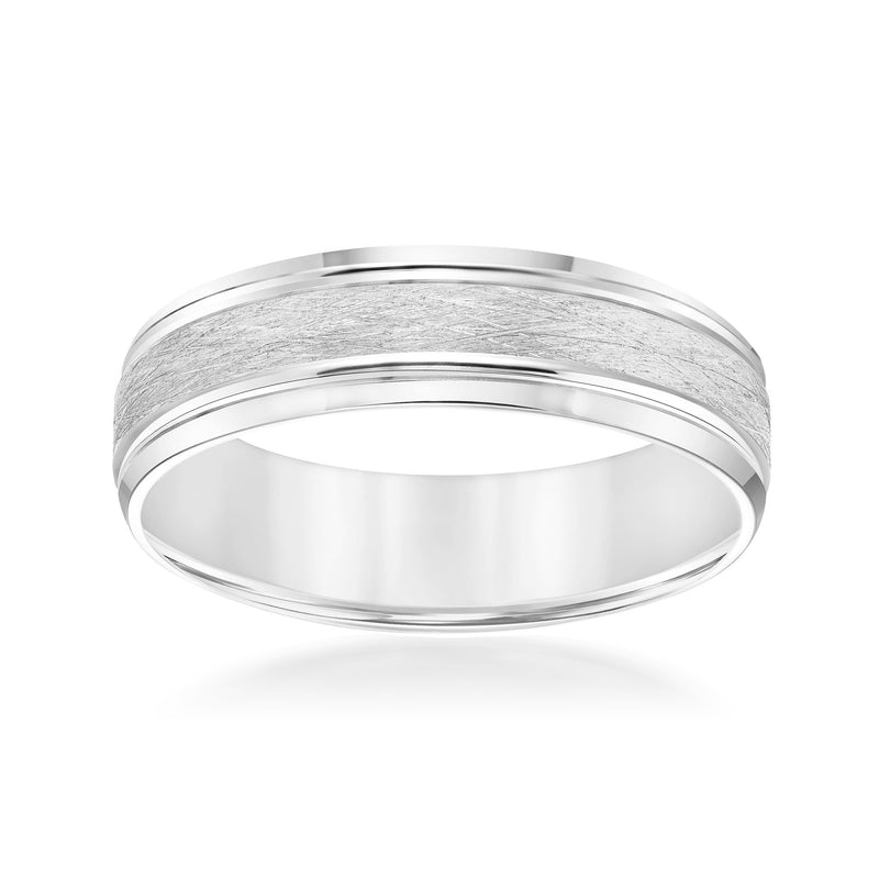 14kt white gold wedding band with brushed center and polished outer edges