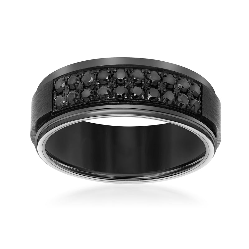 Men's black tungsten carbide wedding band with two-row black sapphire accents
