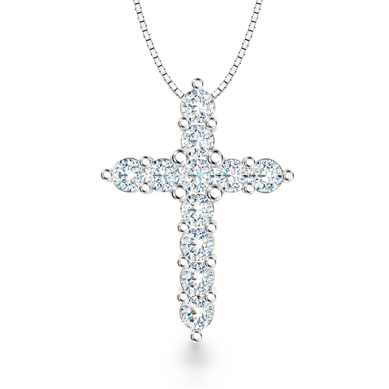 14kt white gold diamond cross pendant necklace with round stones and cable chain