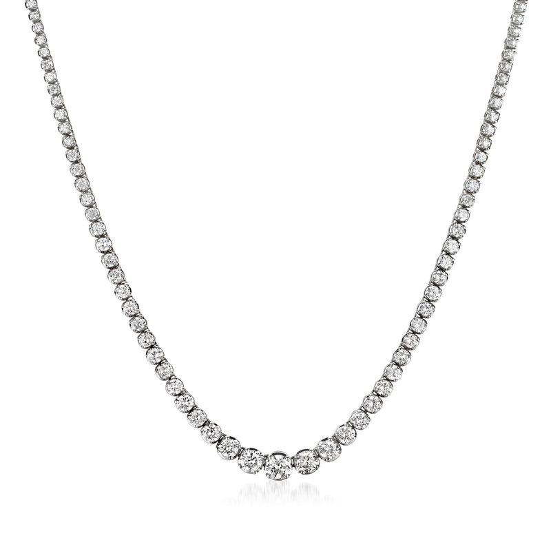 14kt white gold diamond tennis necklace with round stones in a continuous row