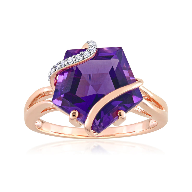 Rose gold over sterling ring with large purple amethyst and diamond accents