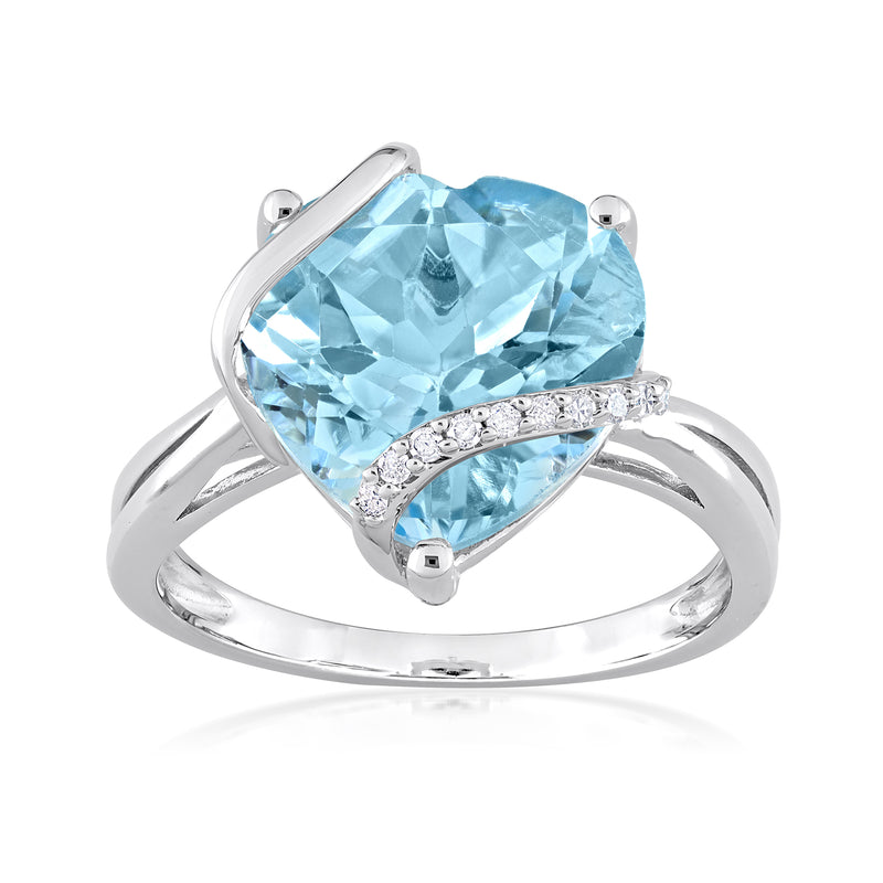 Sterling silver heart-cut sky blue topaz ring with diamond accents