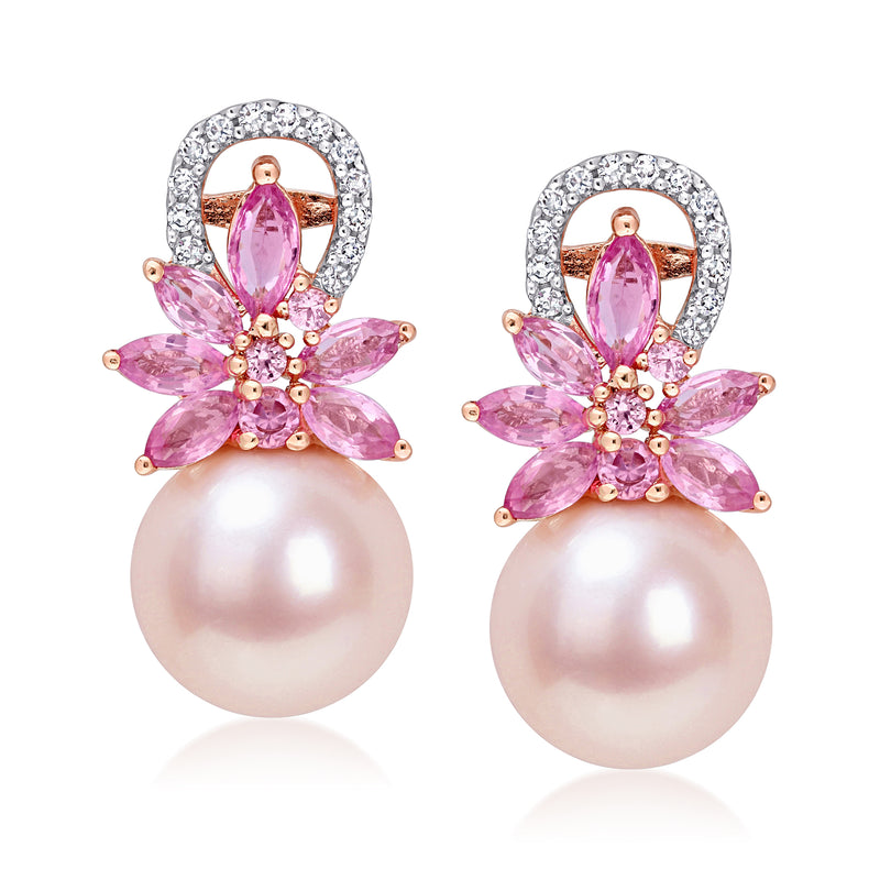 Pink cultured pearl stud earrings with pink sapphire floral drops, rose gold, diamond halo.
