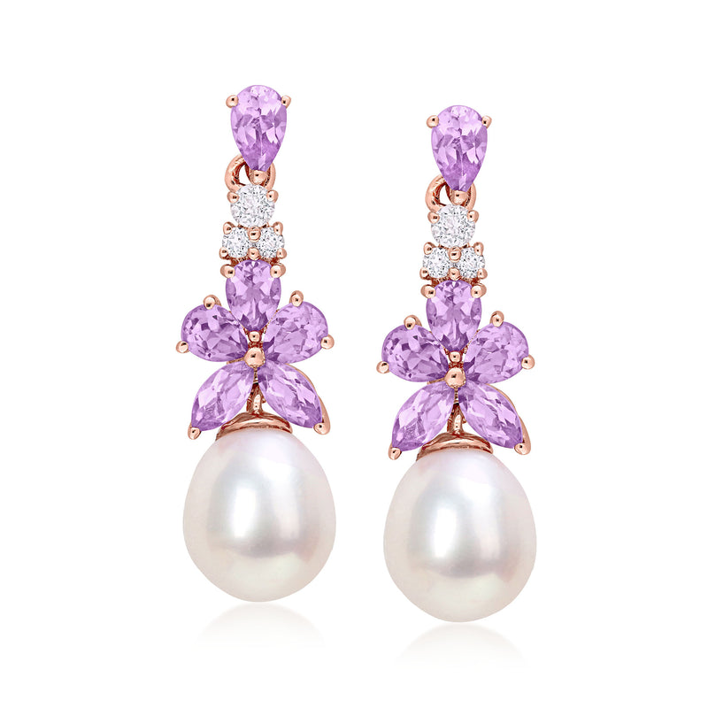 Rose gold drop earrings with white pearl and purple amethyst cluster, topaz accents