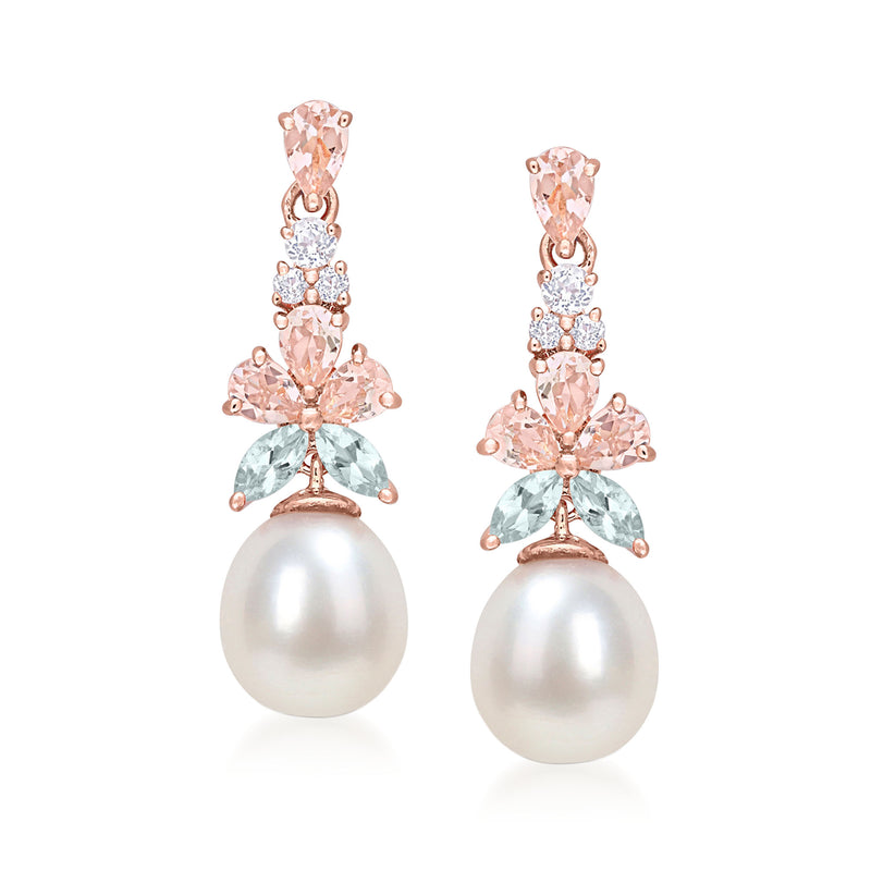 Cultured pearl drop earrings with rose gold setting and pastel gemstone clusters