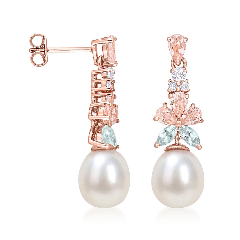 Cultured pearl drop earrings with rose gold post and gemstone cluster dangles