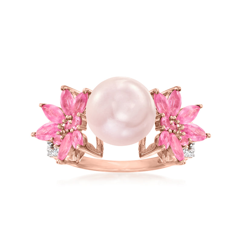 Rose gold ring with pink cultured pearl and pink sapphire flower accents with diamonds