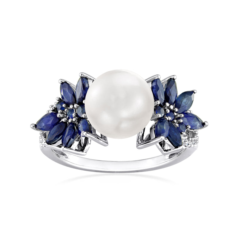 14kt white gold ring with round cultured pearl and blue sapphire cluster, small diamonds