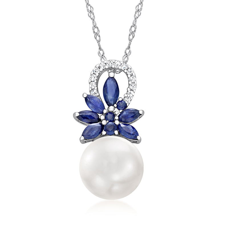 14kt white gold pendant necklace with white cultured pearl and blue sapphire flower diamond accents