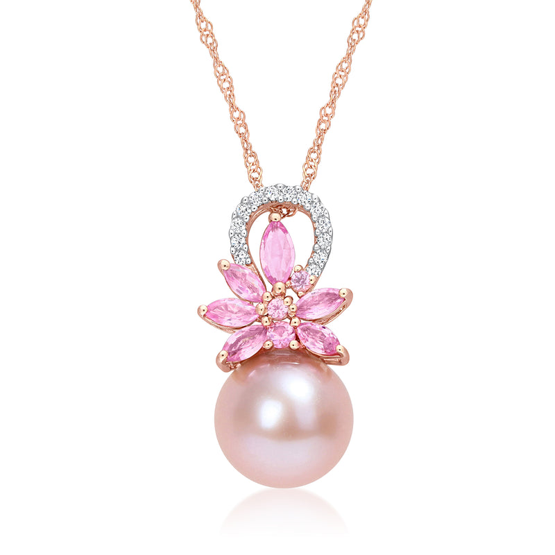 Rose gold pendant necklace with pink cultured pearl and pink sapphire flower, diamond accents
