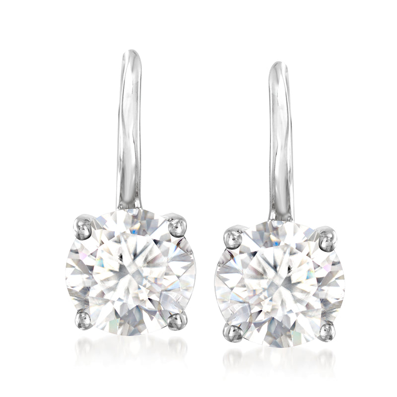 Sterling silver moissanite leverback earrings with round stones, four-prong setting