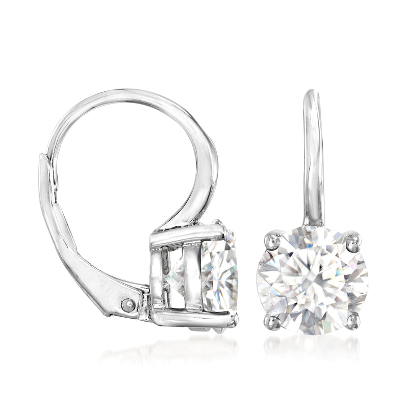 Sterling silver moissanite leverback earrings with round center stone and open leverback