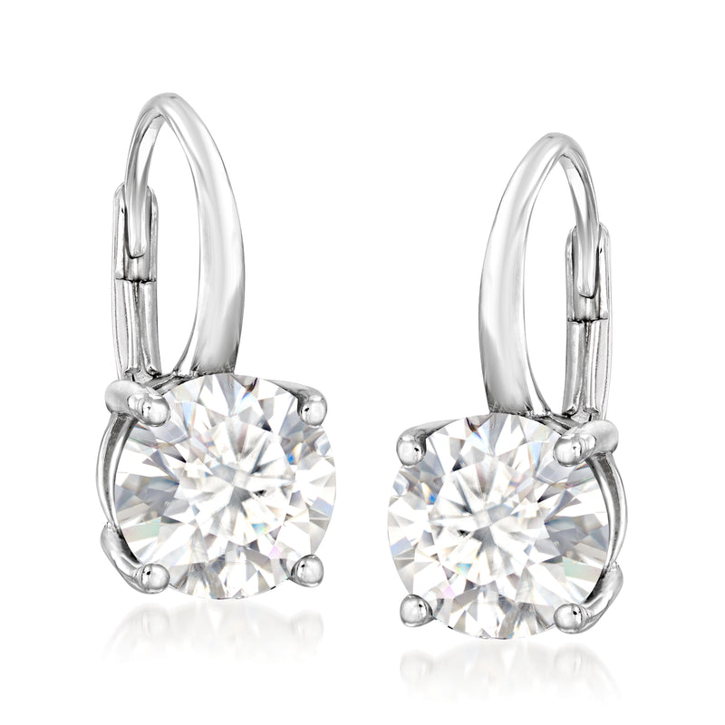 Sterling silver moissanite leverback earrings with round stones in prong settings