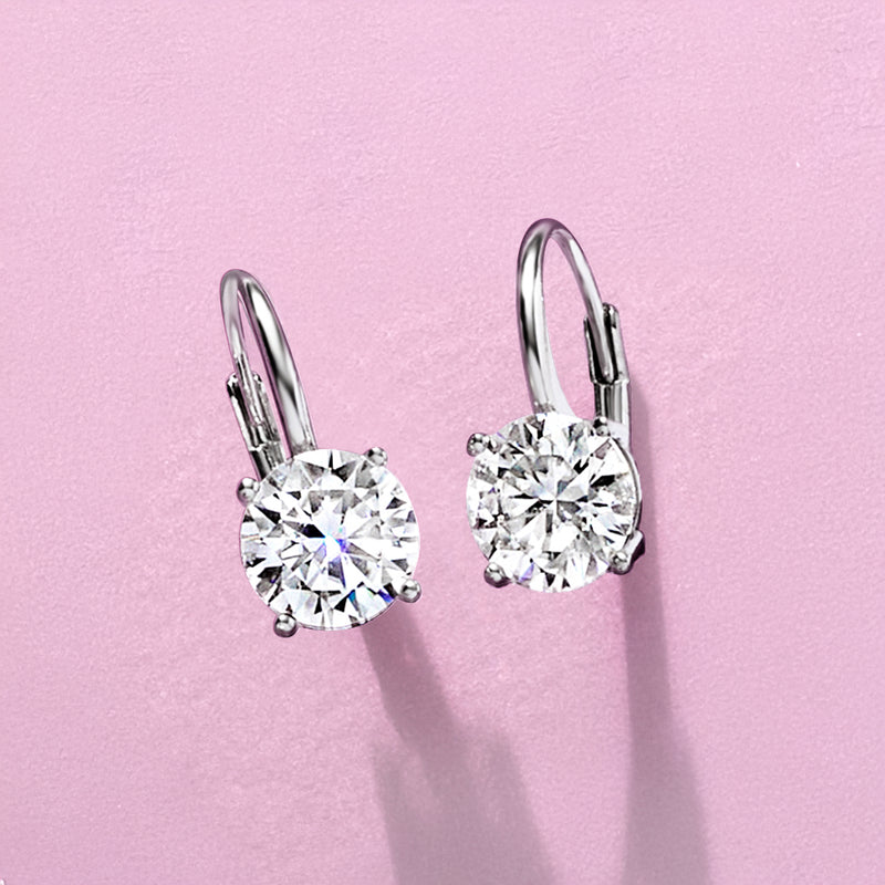 Sterling silver moissanite leverback earrings with small round stones, prong-set