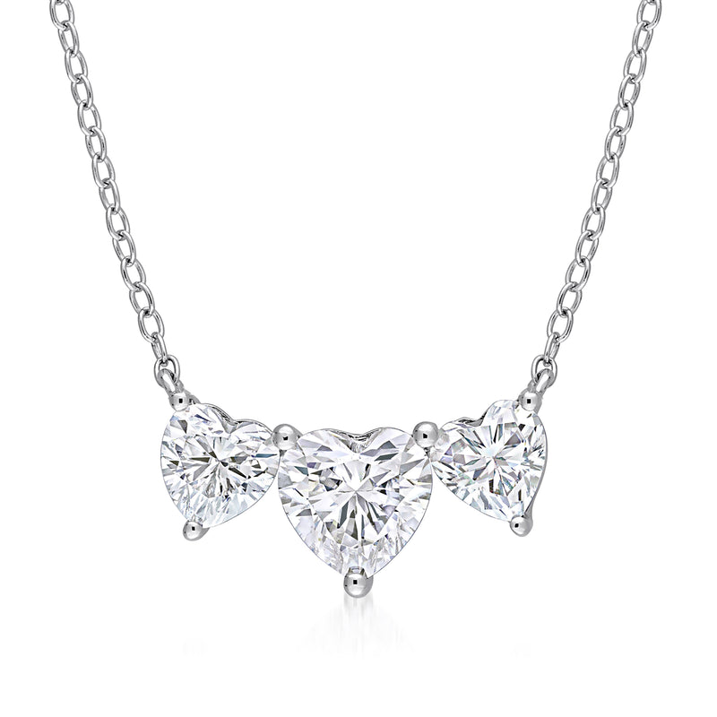 Sterling silver three-heart moissanite necklace with three clear heart stones on a chain