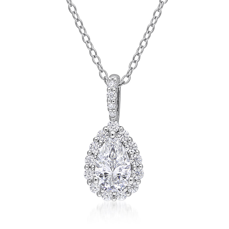 Sterling silver moissanite teardrop pendant necklace with clustered round stones
