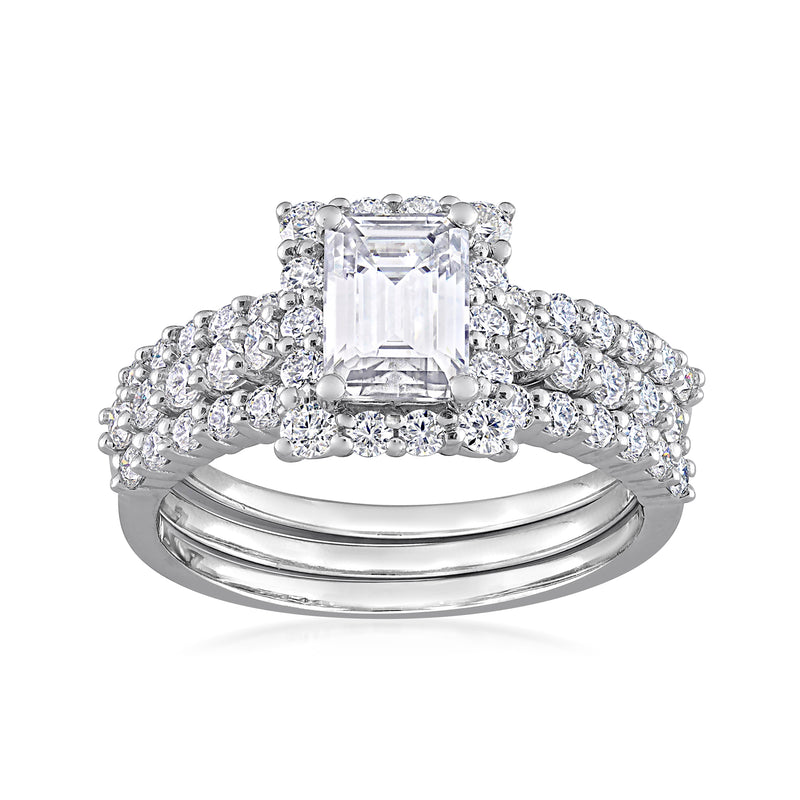 Sterling silver moissanite bridal set with emerald-cut center stone and pavé bands