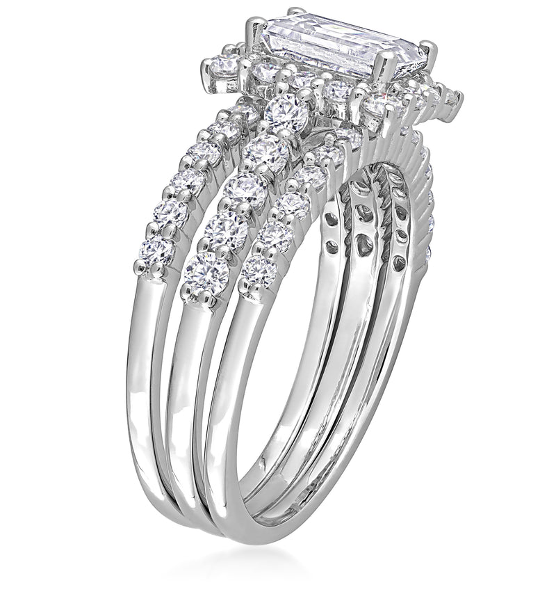 Sterling silver bridal ring set with rectangular moissanite center stone and pavé bands
