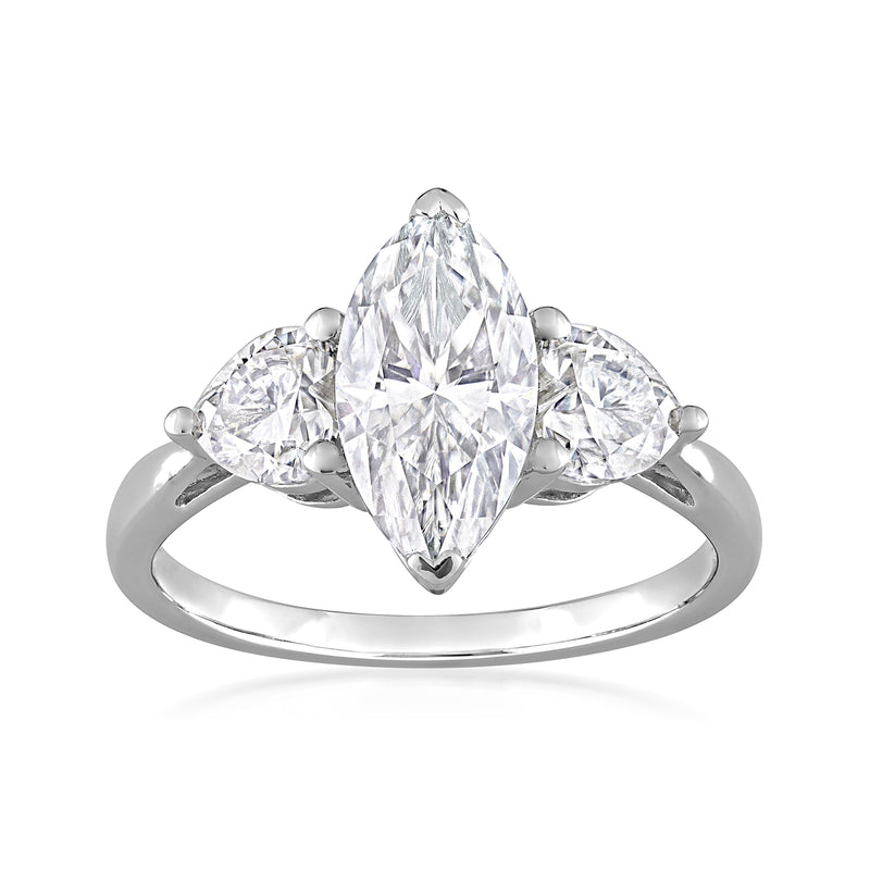 Sterling silver three-stone moissanite ring with pear-shaped center and round side stones