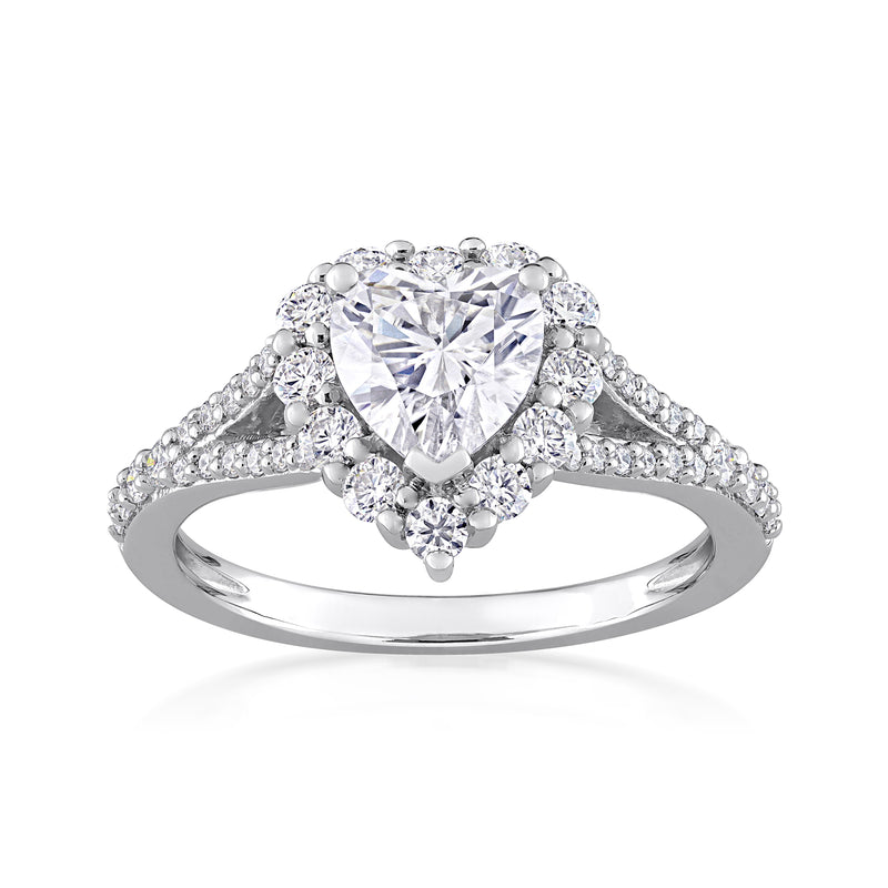 Sterling silver heart moissanite ring with halo and pavé shoulders
