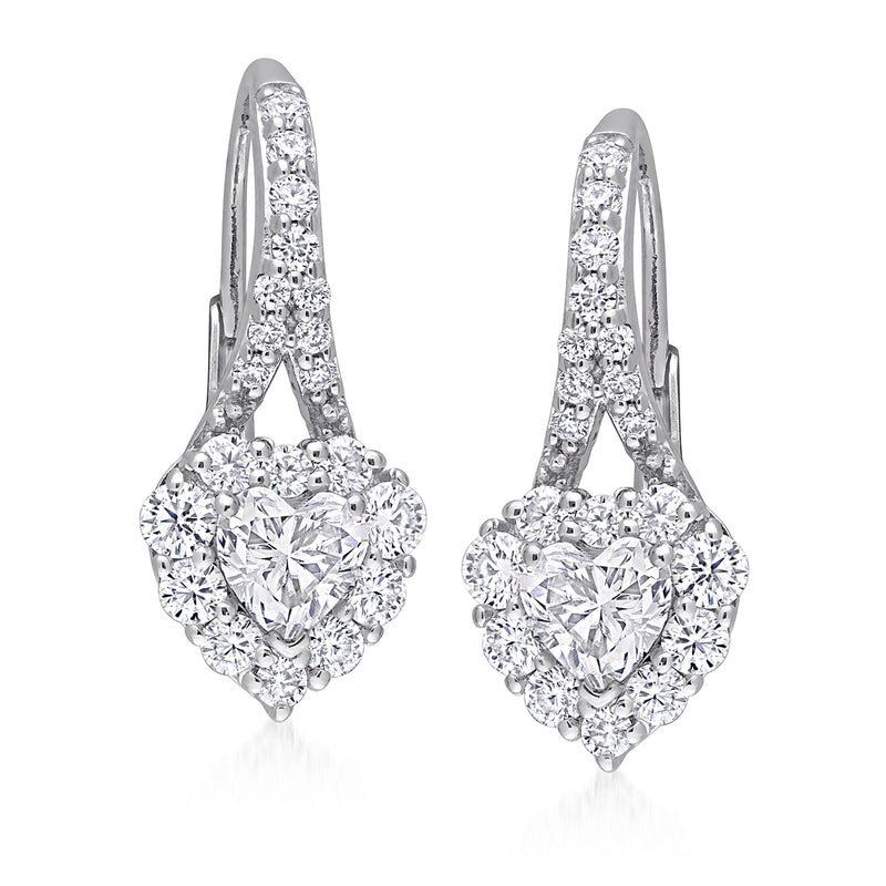 Sterling silver heart-shaped moissanite earrings with leverback closure, clustered stones
