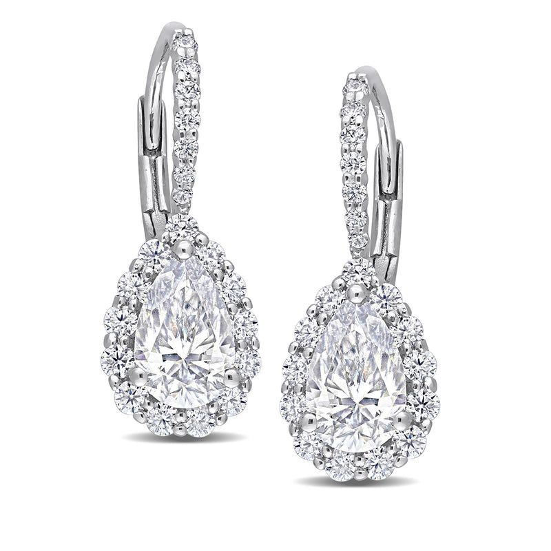 Sterling silver moissanite drop earrings with pear-cut center and round halo stones