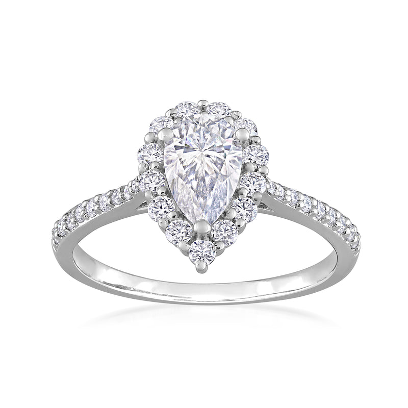 Sterling silver moissanite ring with pear-shaped center and round halo