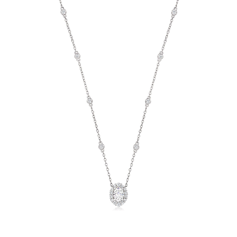 Sterling silver moissanite oval pendant necklace with round station accents