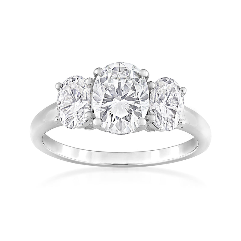 Sterling silver three-stone moissanite ring with three round center stones