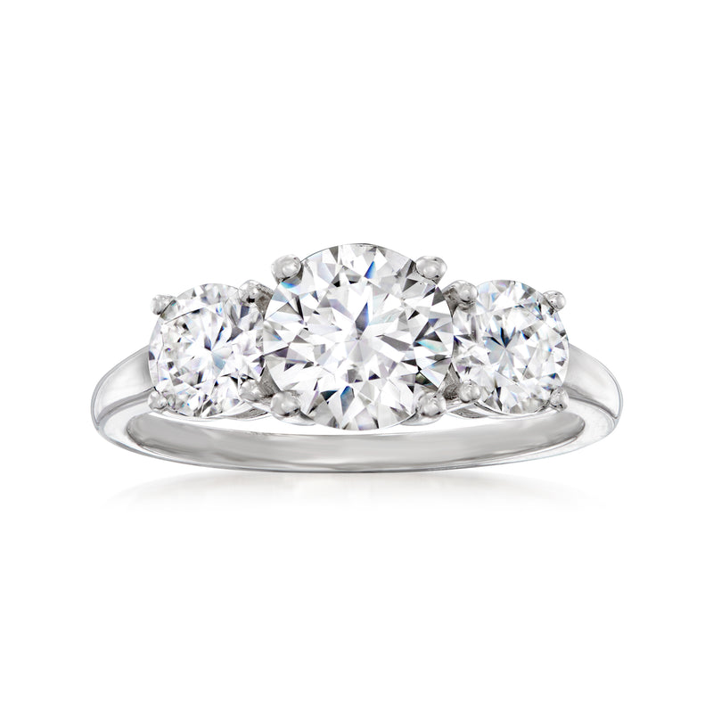 Three-stone moissanite ring in sterling silver with three round brilliant stones