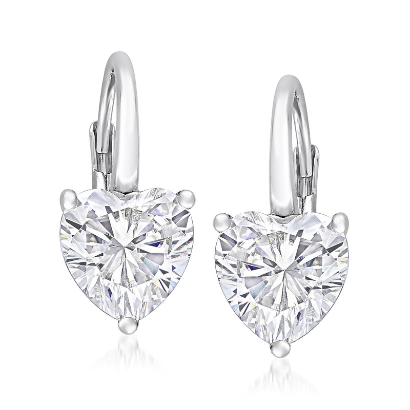 Sterling silver heart moissanite earrings with leverback closures, clear stones