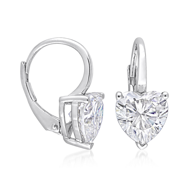 Sterling silver heart moissanite leverback earrings, side view with clear stone