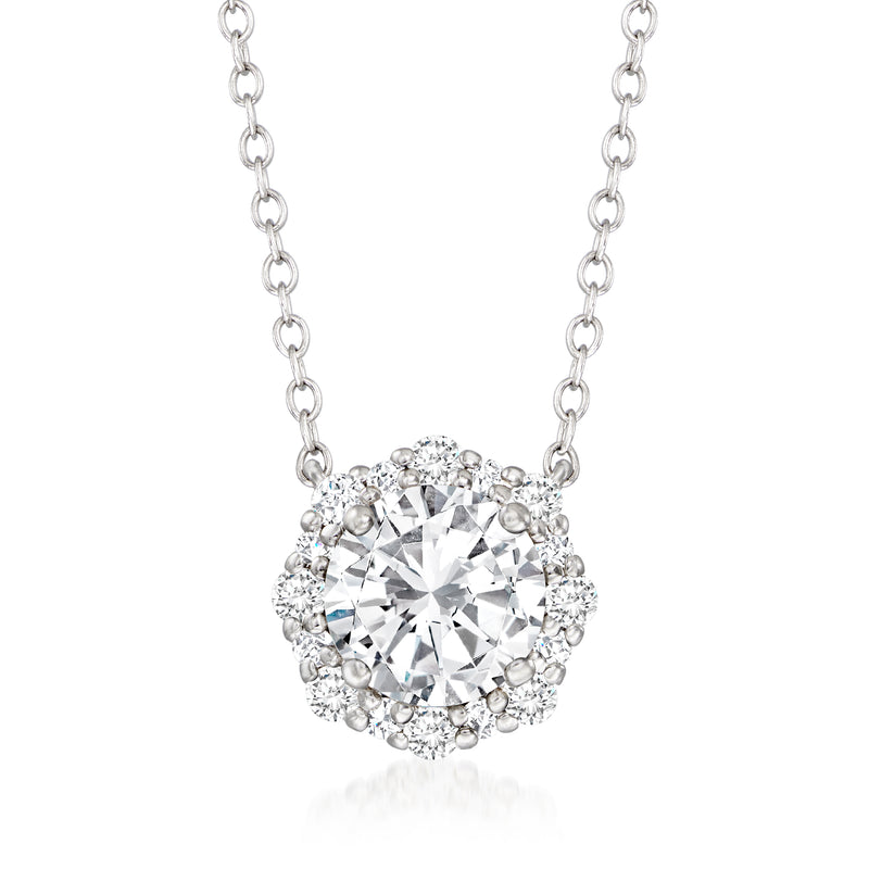 Sterling silver moissanite halo necklace with round center stone and sparkling halo pendant
