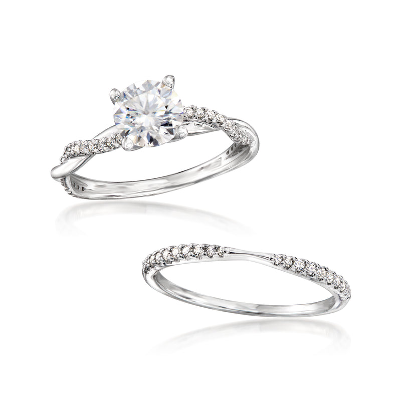 Sterling silver bridal ring set with split view: round moissanite center and pave band