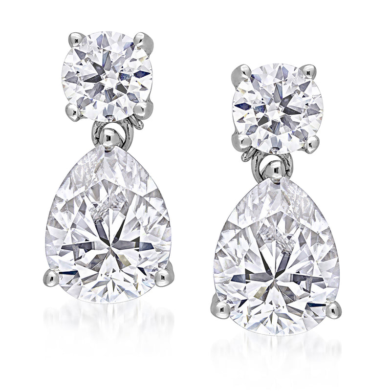 Sterling silver moissanite drop earrings with round-cut stones, teardrop swing design