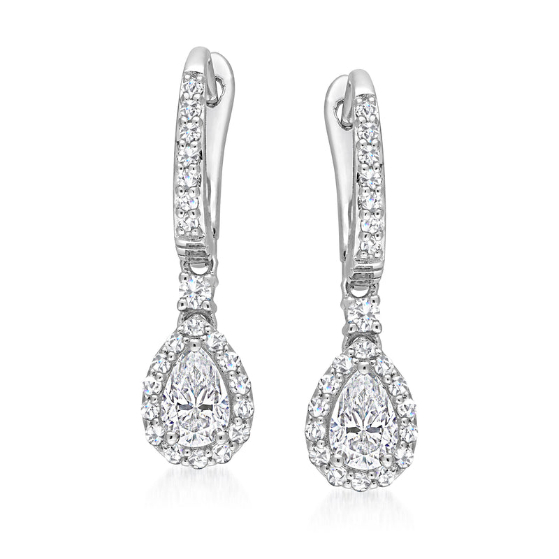 Sterling silver leverback earrings with sparkling teardrop moissanite dangles and stone halos