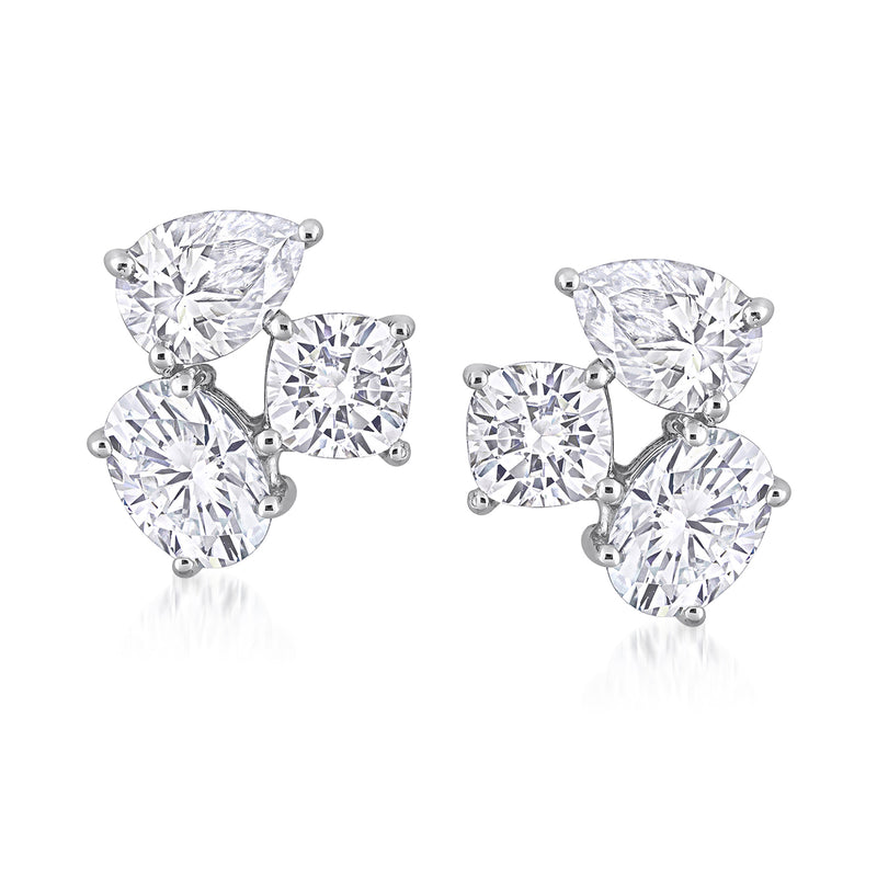 Sterling silver three-stone moissanite stud earrings with round stones cluster