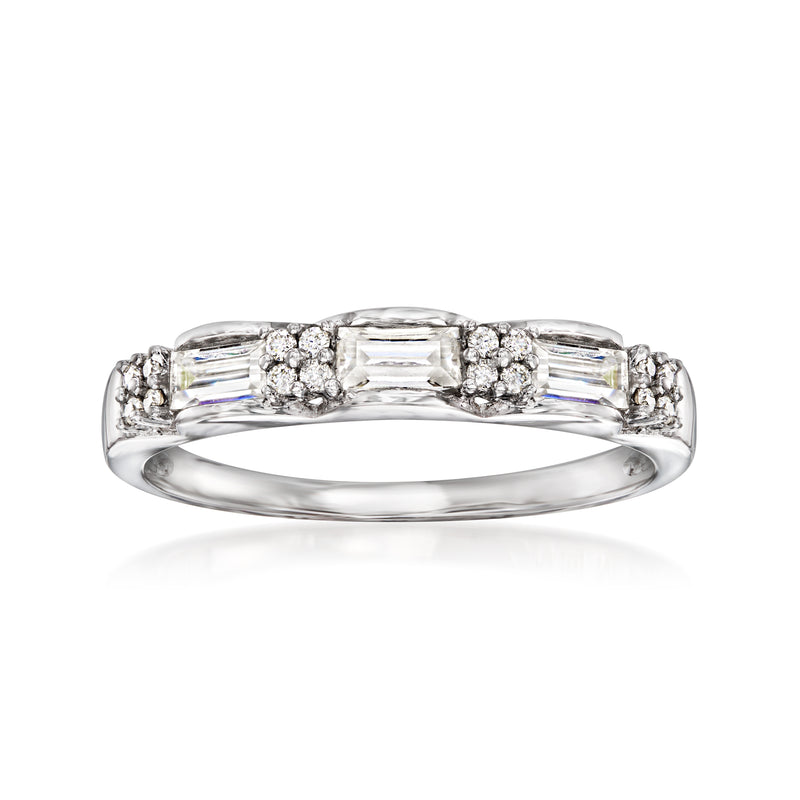 Sterling silver moissanite ring with baguette and round stones in a radiant setting