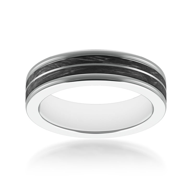 Tungsten carbide wedding band with dark inlay stripes, polished silver finish.
