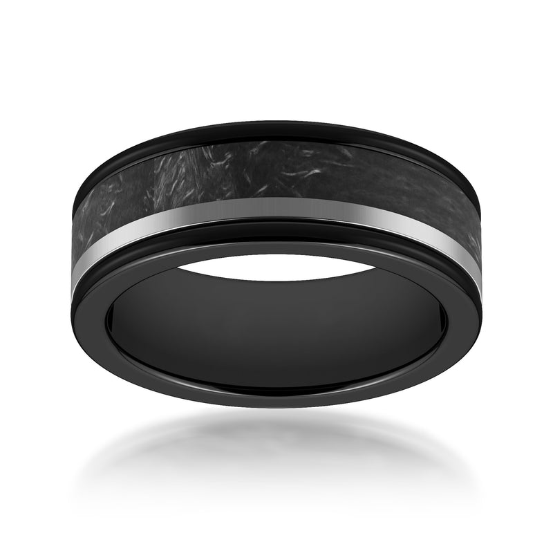 Men's 8mm tungsten carbide wedding band, black with silver center stripe and polished edges