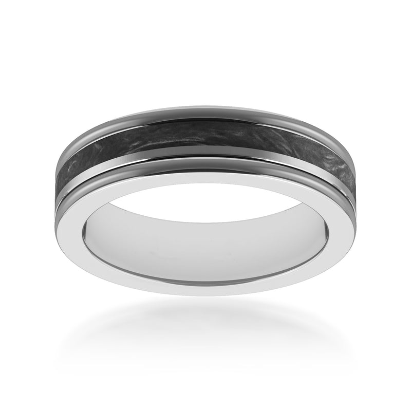 Men's 6mm tungsten carbide wedding band, dark gray with two silver ridges