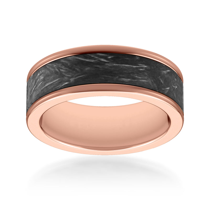 Men's rose gold-tone tungsten carbide wedding band with black carbon fiber inlay