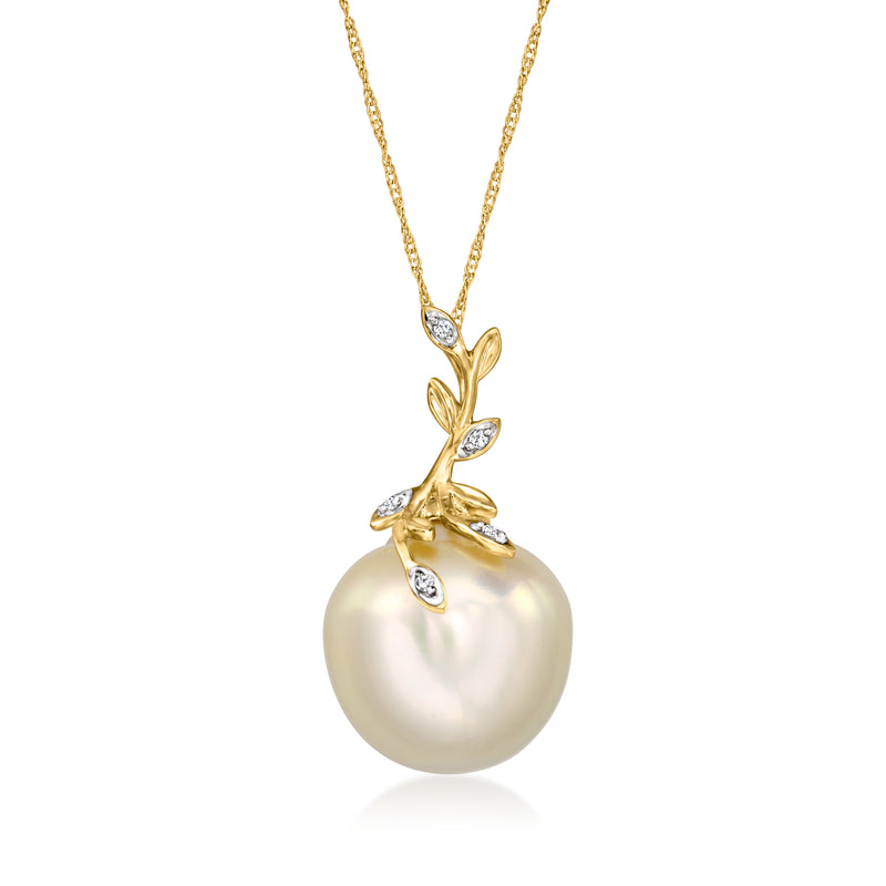 14kt yellow gold pearl pendant with diamond accents and leaf-style design on chain