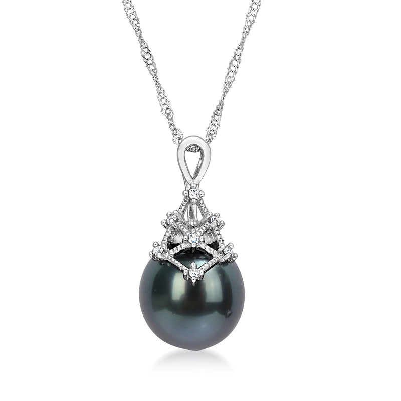 Black Tahitian pearl pendant necklace with diamond accents in white gold setting