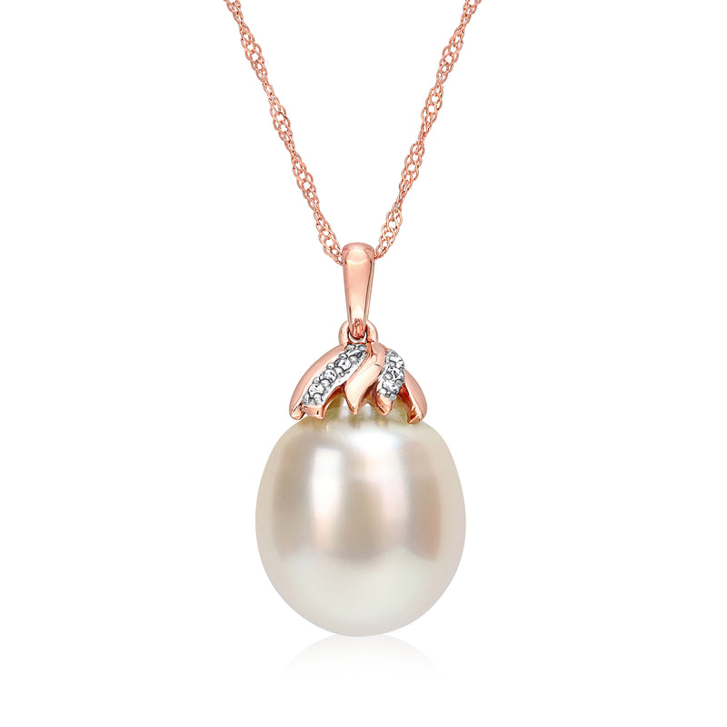 14kt rose gold pearl pendant necklace with large white pearl and diamond-accent bail