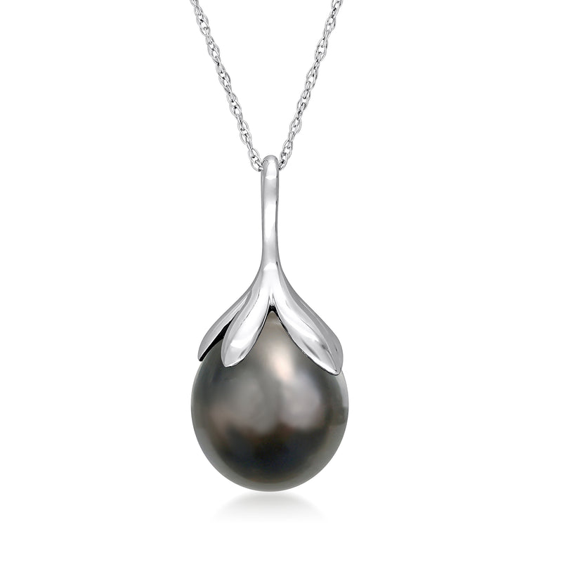 Black Tahitian pearl pendant necklace with 14kt white gold drop setting and chain