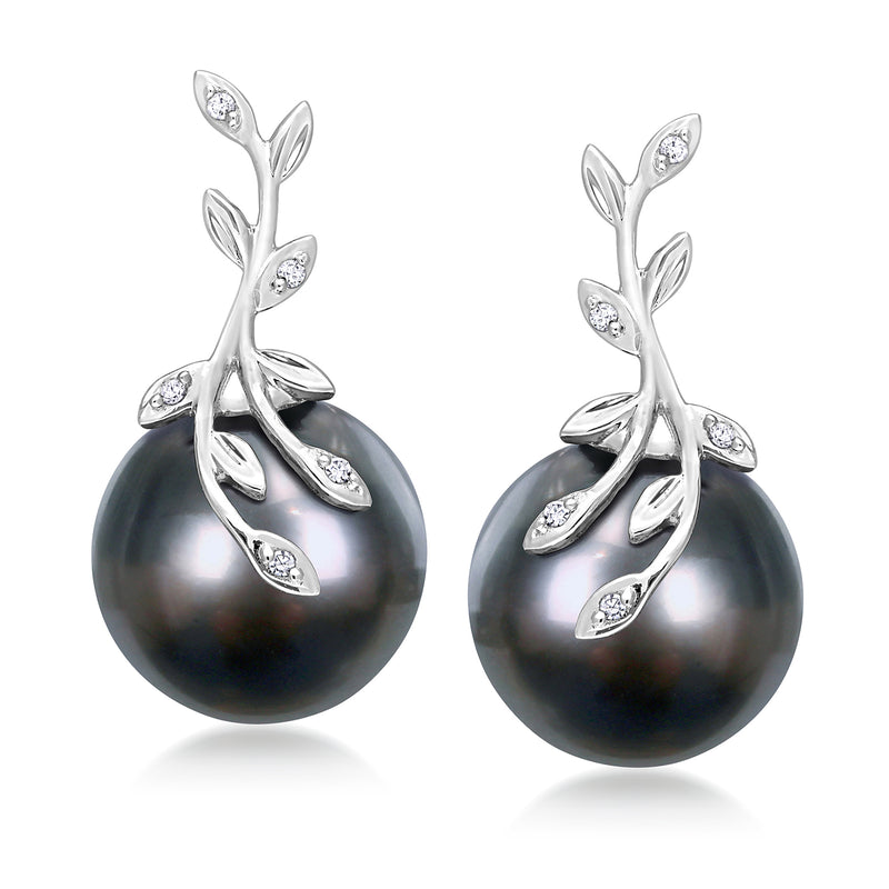 Post earrings with dark gray Tahitian cultured pearl and diamond-accent vine in white gold